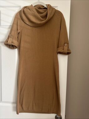 Jaclyn Smith Camel Roll-Tab Cowl Neck Midi Dress